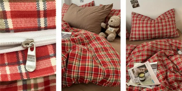 Parure de lit écossaise en tissu doux style chalet à motif rouge chaleureux