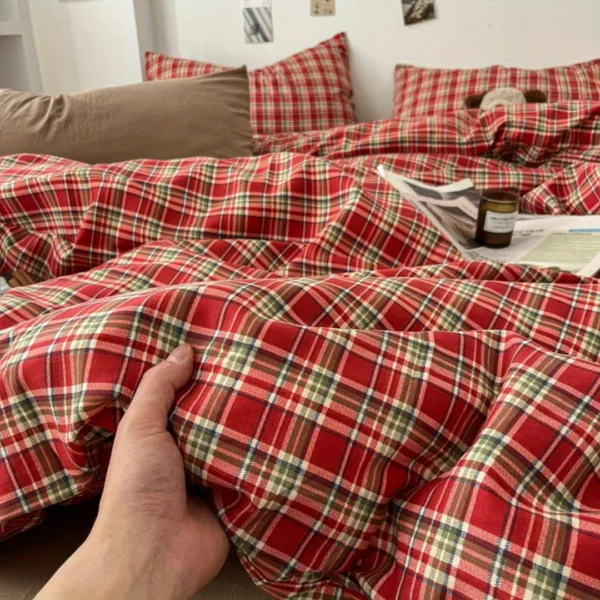 Parure de lit écossaise rouge cosy – Confort chaleureux et style chalet pour nuits douillettes
