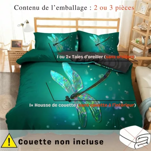 Parure de lit libellule lumineuse féerique – Ambiance magique et rêveuse pour chambre féerique – Housse douce et lumineuse