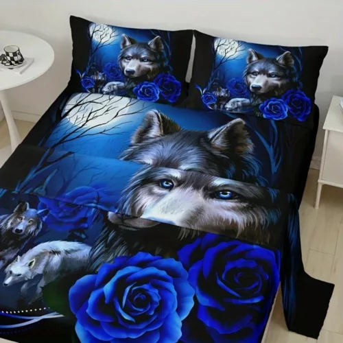 Parure de lit loups et roses bleues – Ambiance mystique et romantique pour chambre unique et chaleureuse