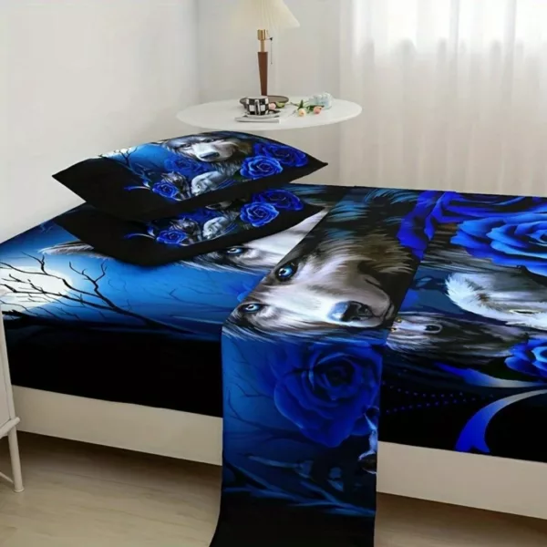 Parure de lit loups et roses bleues – Ambiance mystique et romantique pour chambre unique et chaleureuse