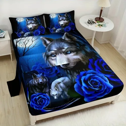 Parure de lit loups et roses bleues – Ambiance mystique et romantique pour chambre unique et chaleureuse