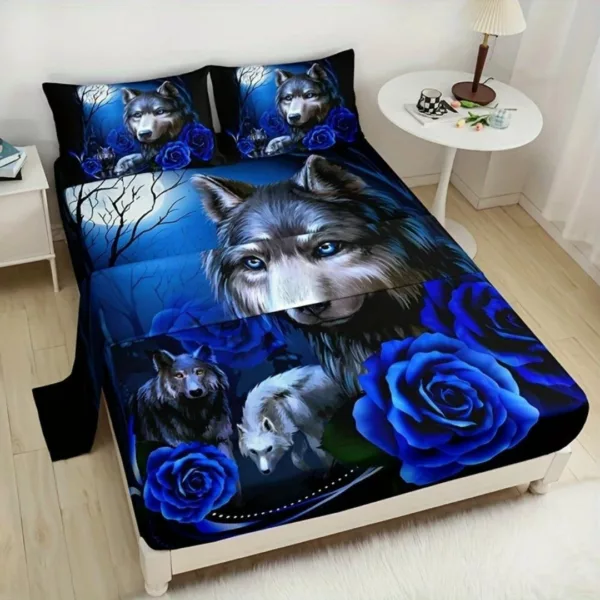 Parure de lit loups et roses bleues – Ambiance mystique et romantique pour chambre unique et chaleureuse
