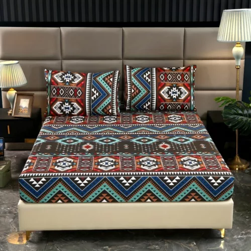 Parure de lit motifs tribaux colorés – Ambiance bohème chic pour une chambre vibrante et chaleureuse