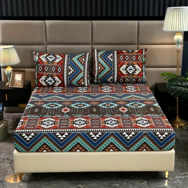 Parure de lit motifs tribaux colorés – Ambiance bohème chic pour une chambre vibrante et chaleureuse