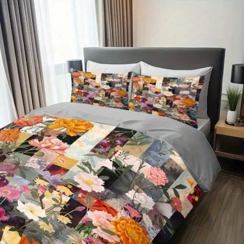 Parure de lit patchwork fleurs vintage – Ambiance bohème chic pour une chambre romantique et chaleureuse