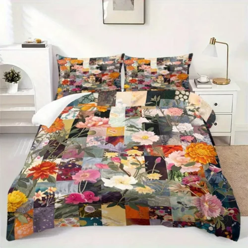 Parure de lit patchwork fleurs vintage – Ambiance bohème chic pour une chambre romantique et chaleureuse