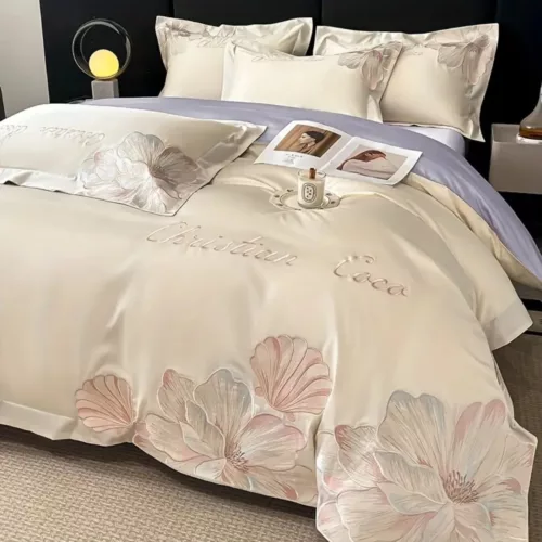 Parure de lit satin fleurs brodées – Douceur luxueuse et élégance florale pour un sommeil apaisant