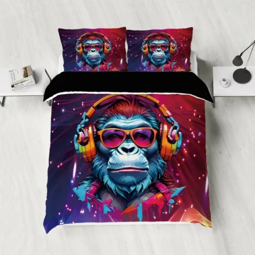 Parure de lit singe DJ futuriste – Housse de couette originale 3D pour chambre ado ou gamer – Ambiance urbaine et stylée