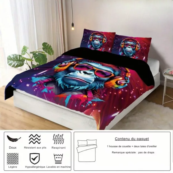 Parure de lit singe DJ futuriste – Housse de couette originale 3D pour chambre ado ou gamer – Ambiance urbaine et stylée