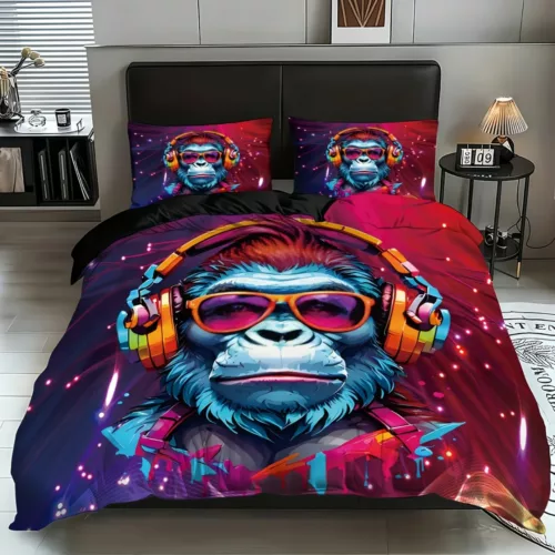 Parure de lit singe DJ futuriste – Housse de couette originale 3D pour chambre ado ou gamer – Ambiance urbaine et stylée