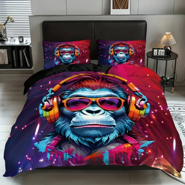 Parure de lit singe DJ futuriste – Housse de couette originale 3D pour chambre ado ou gamer – Ambiance urbaine et stylée