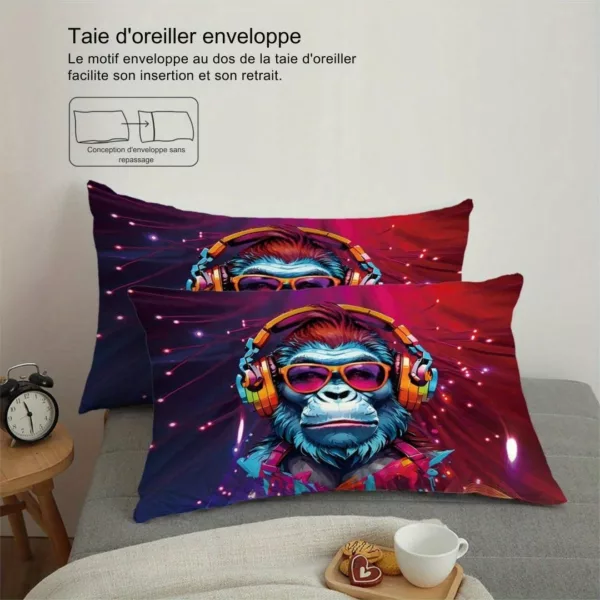 Parure de lit singe DJ futuriste – Housse de couette originale 3D pour chambre ado ou gamer – Ambiance urbaine et stylée