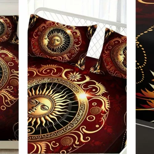 Parure de lit royale avec motifs soleil et lune dorés sur tissu doux haut de gamme