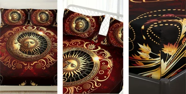 Parure de lit royale avec motifs soleil et lune dorés sur tissu doux haut de gamme