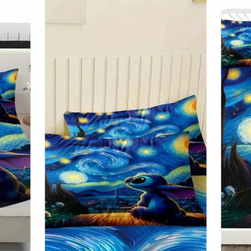 Parure de lit enfant douce motif Stitch sur fond bleu nuit étoilé féérique