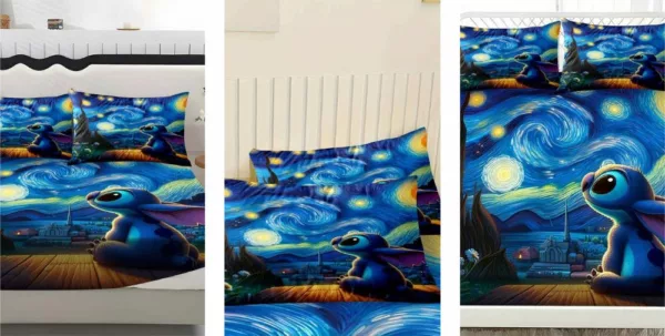 Parure de lit enfant douce motif Stitch sur fond bleu nuit étoilé féérique