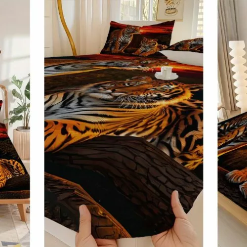 Parure de lit exotique avec tigres majestueux sur fond de coucher de soleil jungle