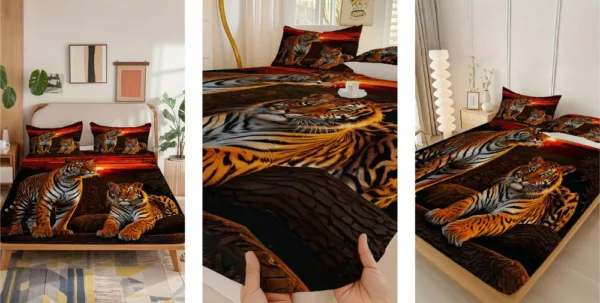 Parure de lit exotique avec tigres majestueux sur fond de coucher de soleil jungle