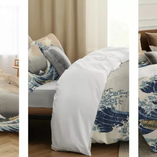 Parure de lit en tissu doux motif vague japonaise zen style artistique nippon