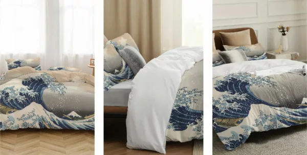 Parure de lit en tissu doux motif vague japonaise zen style artistique nippon