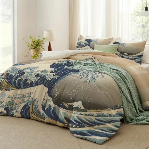 Parure de lit vague japonaise artistique – Ambiance zen et design nippon pour chambre apaisante