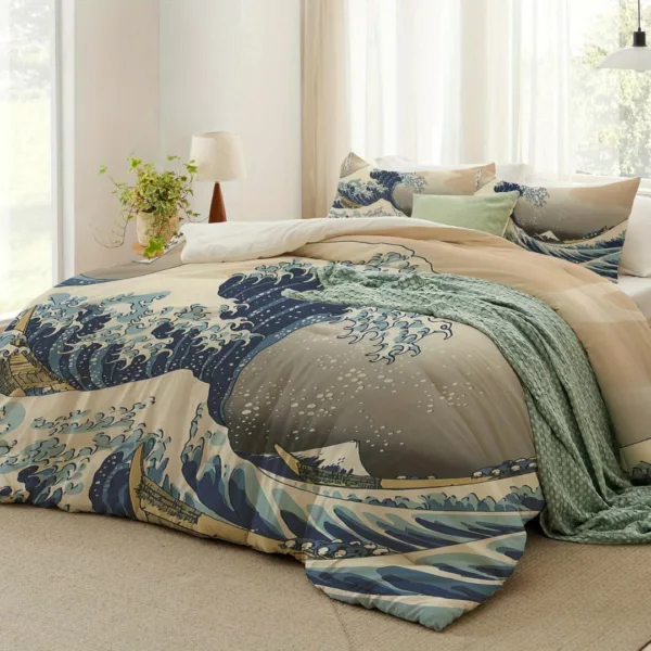 Parure de lit vague japonaise artistique – Ambiance zen et design nippon pour chambre apaisante