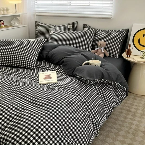Parure de lit vichy noir moderne – Style chic et intemporel pour chambre élégante – Confort doux 100 % coton