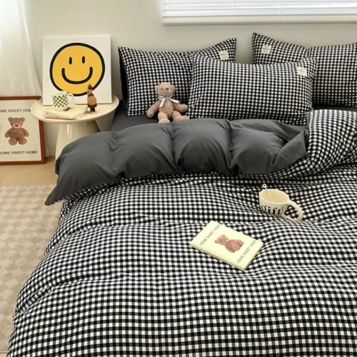 Parure de lit vichy noir moderne – Style chic et intemporel pour chambre élégante – Confort doux 100 % coton