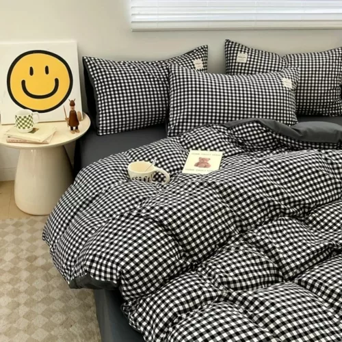 Parure de lit vichy noir moderne – Style chic et intemporel pour chambre élégante – Confort doux 100 % coton