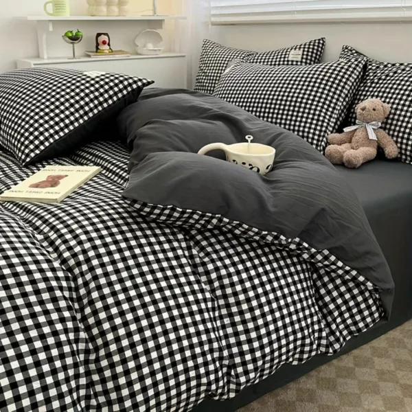 Parure de lit vichy noir moderne – Style chic et intemporel pour chambre élégante – Confort doux 100 % coton