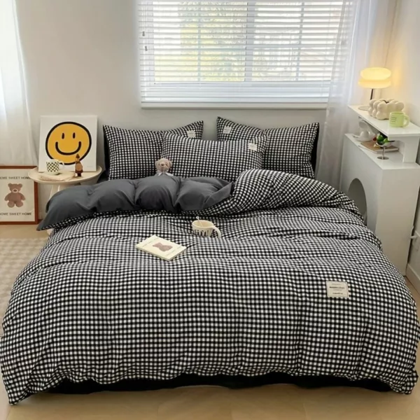 Parure de lit vichy noir moderne – Style chic et intemporel pour chambre élégante – Confort doux 100 % coton