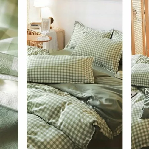 Parure de lit vichy style campagne en tissu doux avec housse et taies assorties