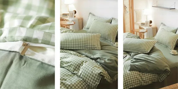 Parure de lit vichy style campagne en tissu doux avec housse et taies assorties