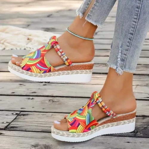 Sandales compensées été style bohème – Confort chic pour jambes élancées – Semelle légère et tendance estivale
