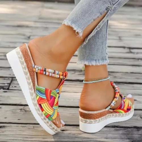 Sandales compensées été style bohème – Confort chic pour jambes élancées – Semelle légère et tendance estivale