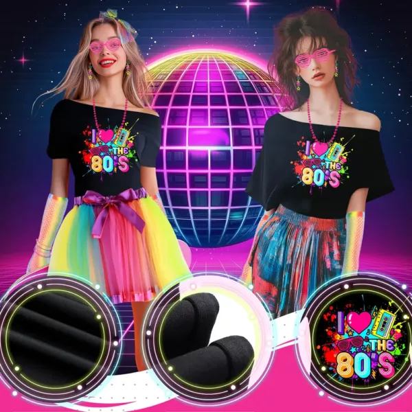 Déguisement femme années 80 – robe néon, jambières, gants et accessoires rétro