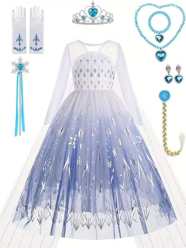 Déguisement Princesse des Neiges 8 pièces – Robe Longue avec Accessoires Fantaisie