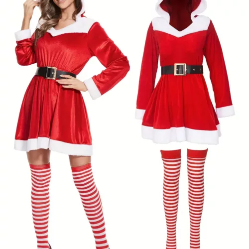 Robe de Noël femme à capuche style cosplay – velours rouge avec fausse fourrure