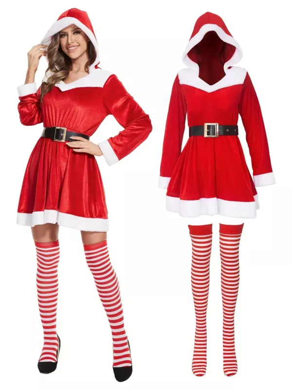 Robe de Noël femme à capuche style cosplay – velours rouge avec fausse fourrure