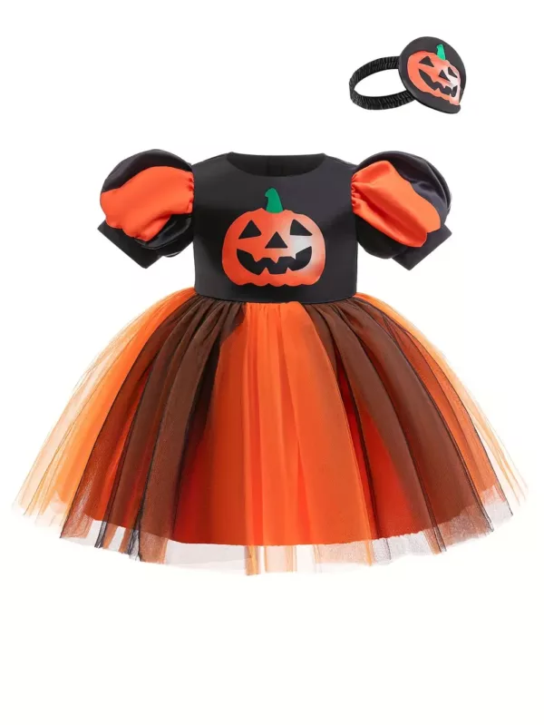 Robe princesse Halloween fille – costume citrouille avec jupe tutu et serre-tête