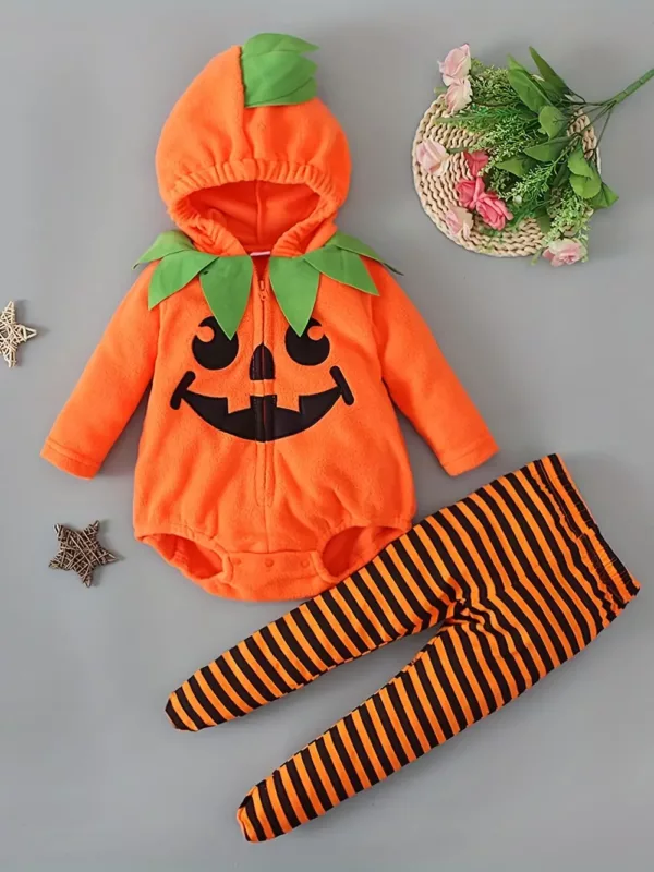 Ensemble bébé garçon Halloween 2 pièces – combinaison citrouille à capuche + pantalon rayé