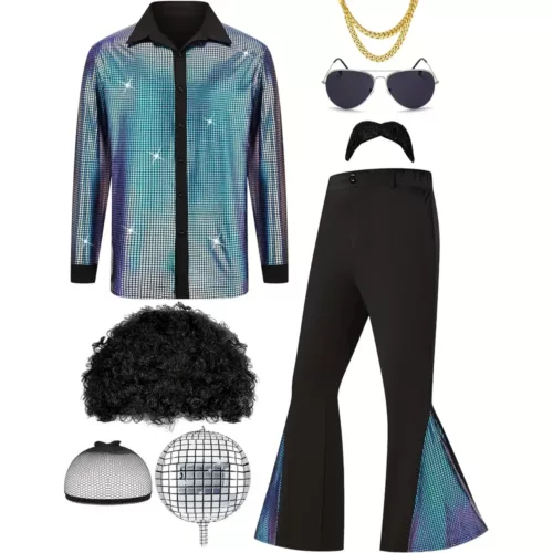 Déguisement disco rétro 70s homme – chemise effet laser et pantalon évasé