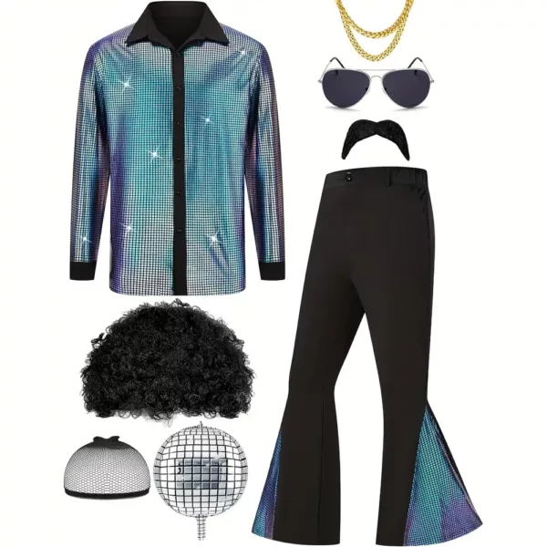 Déguisement disco rétro 70s homme – chemise effet laser et pantalon évasé