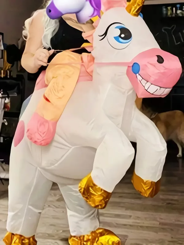 Costume licorne gonflable femme avec sabots dorés – idéal Halloween et fêtes