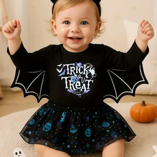 Ensemble Halloween bébé fille 3 pièces – body imprimé, jupe pailletée et bandeau