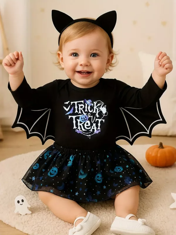 Ensemble Halloween bébé fille 3 pièces – body imprimé, jupe pailletée et bandeau
