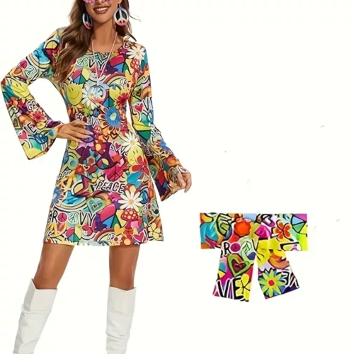 Robe hippie vintage à imprimé géométrique – manches évasées années 70