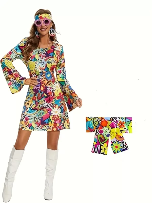 Robe hippie vintage à imprimé géométrique – manches évasées années 70