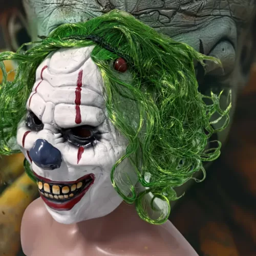 Masque clown effrayant en latex avec cheveux verts – accessoire Halloween adulte
